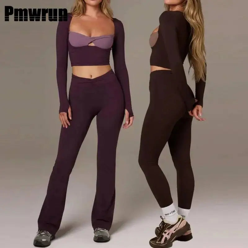 PMWRUN Women 3 Piece Yoga Set Long Sleeve Cropped Top Twist Front Sports Bra High Waisted Flared Leggings Soft For Gym Yoga