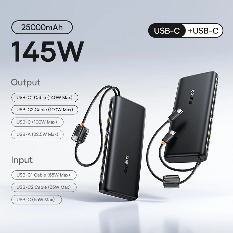 Baseus 145W Power Bank 25000mAh Fast Charging Built-In Type-C Cable Portable Battery Charger for iPhone Samsung MacBook Tablet