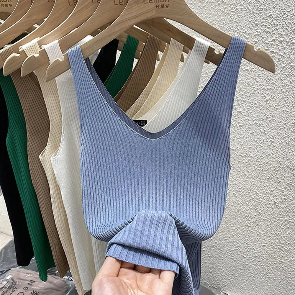 2026 Fashion Women Camisole Ice Silk Knit Tank Top Slim Fit Sleeveless Base Top Solid Color V-Neck Crop Top Casual Base Shirts