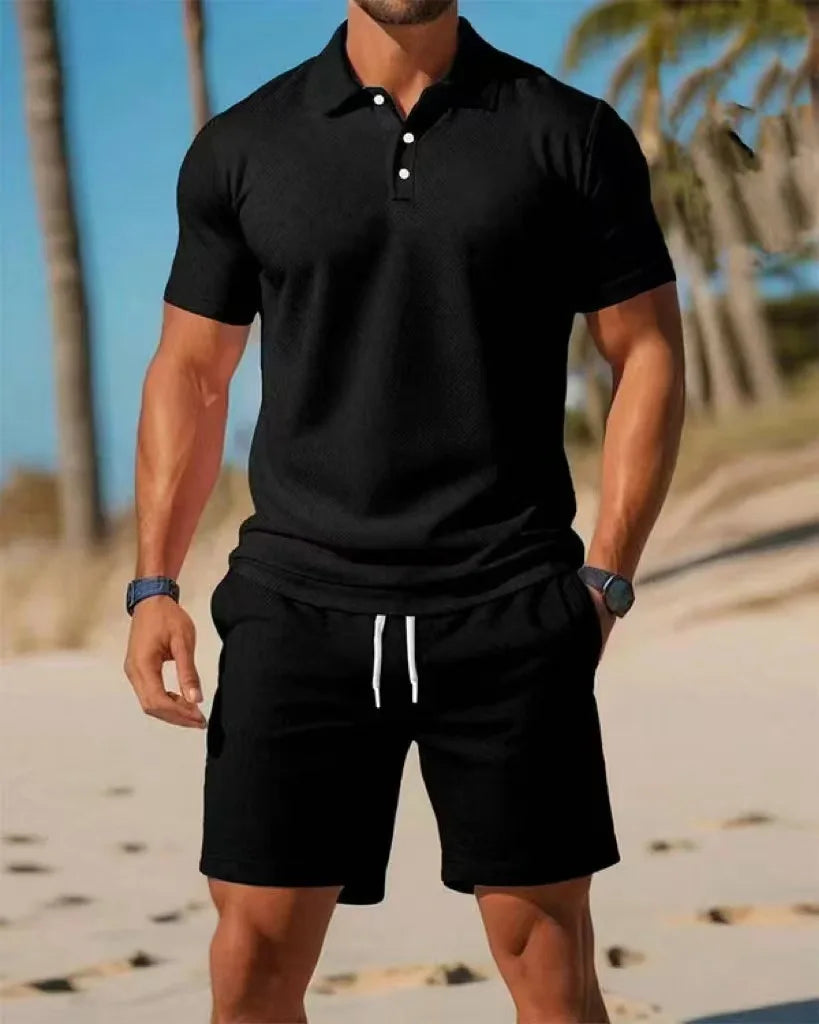 Summer Casual Versatile Fashion Short-Sleeved Button-Down Polo Shirt And Breathable Mesh Shorts Set for Men Plus Size