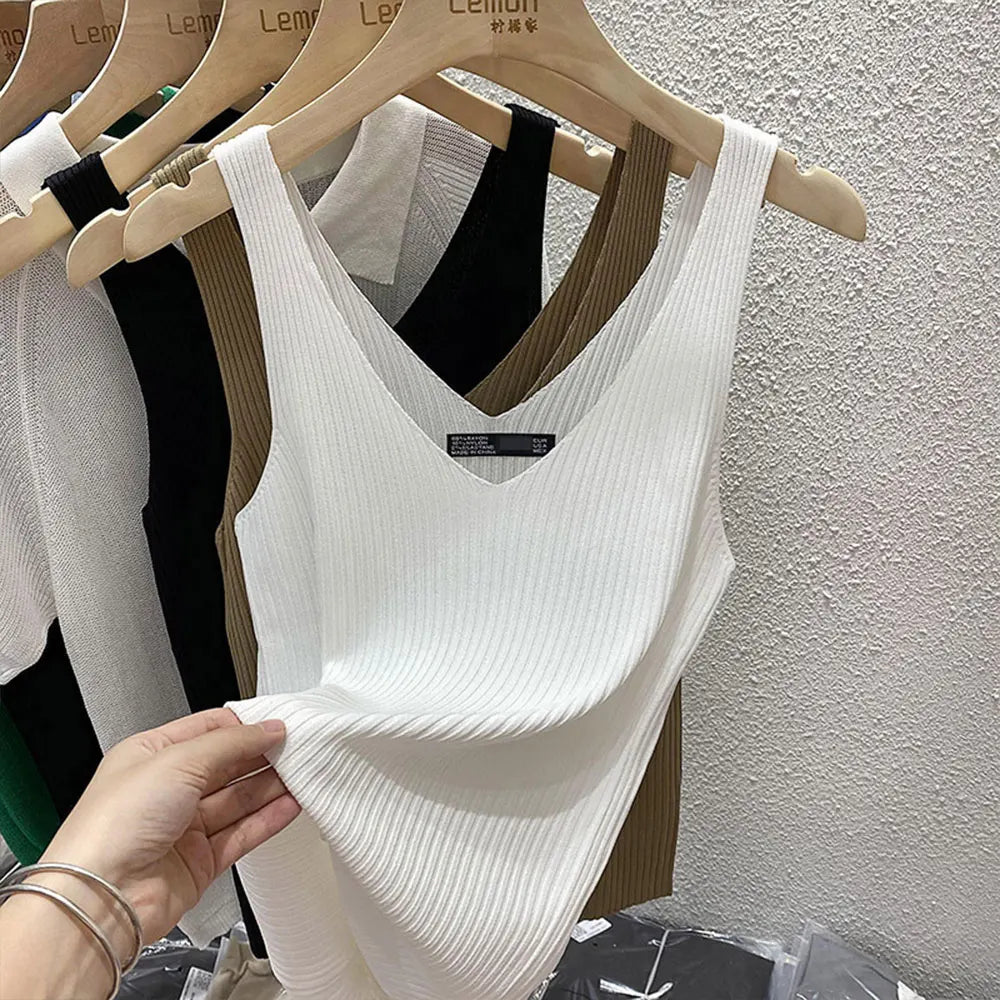 2026 Fashion Women Camisole Ice Silk Knit Tank Top Slim Fit Sleeveless Base Top Solid Color V-Neck Crop Top Casual Base Shirts
