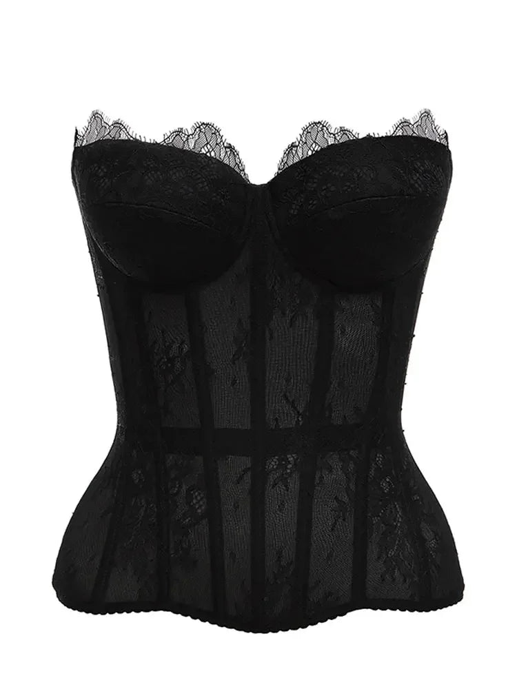 Women's Lace Patchwork Vest Sexy Bandage Strapless Backless Slash Neck Female Corset 2026 Summer Lady Beach Party Tops New