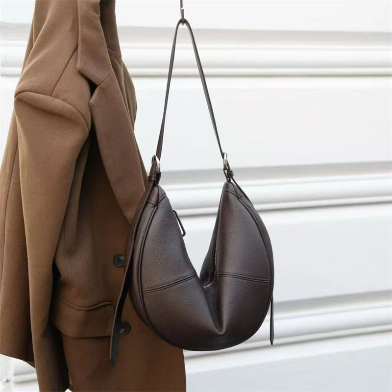 BURMINSA Soft Genuine Leather Crescent Hobo Bag For Women Slouchy Cowhide Shoulder Bag Retro Daily Work Crossbody Purse Handbags