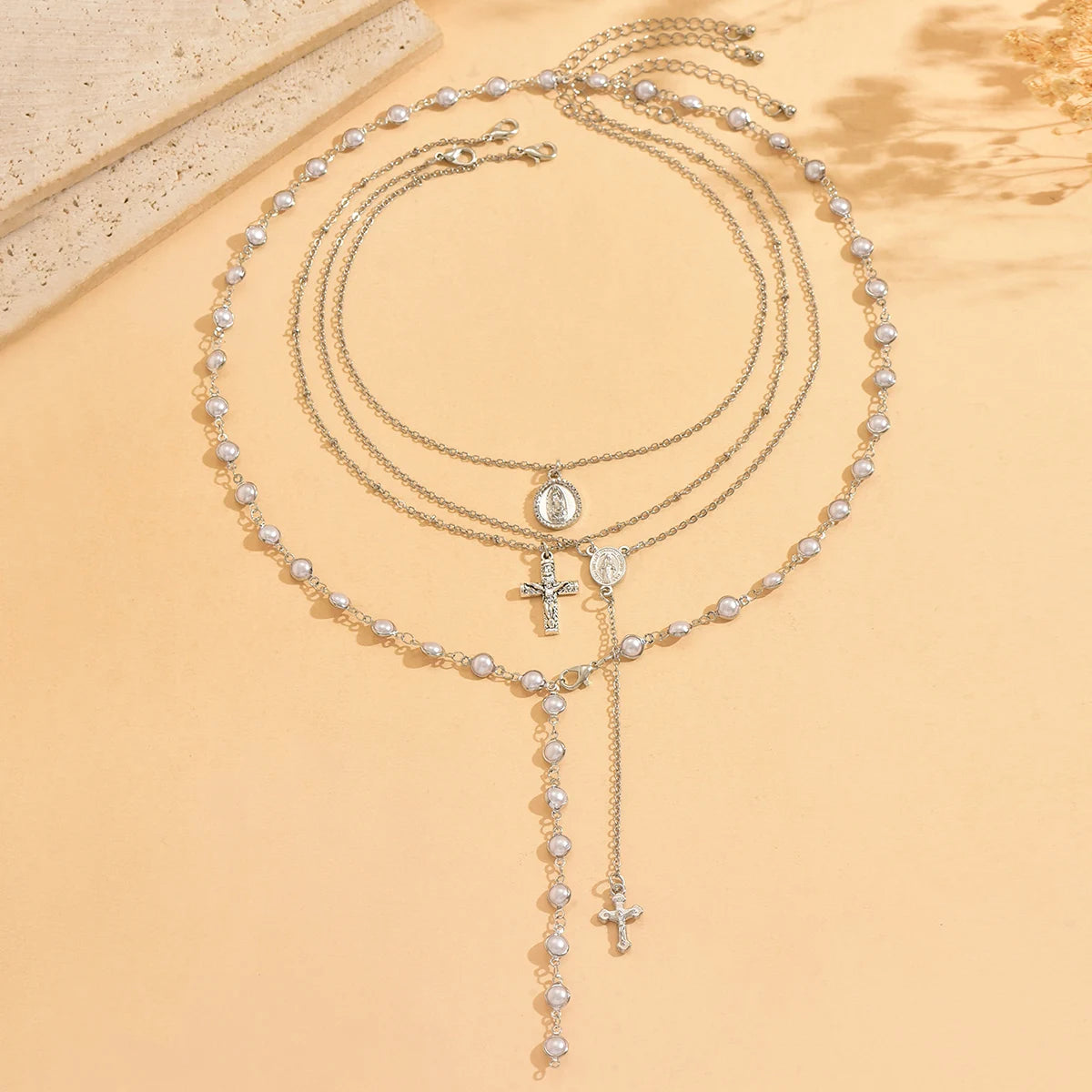 Layered Rosary Cross Necklace Vintage Gold Silver Mary Pendant Pearl Beaded Y Lariat Jewelry Gift for Women