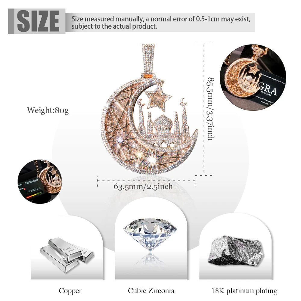 Iced Crescent Mosque Star Pendant Men Hip Hop Charm 18K Rose Gold Plated Full Paved CZ Bling Jewelry Islamic Muslim Religious Moon Cuban Link Chain Accessories Shiny Faith Statement For Rappers Club Urban Street Daily Fashion
