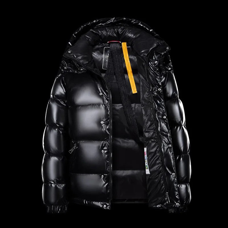 New 2025 Men's White Duck down Jacket Thickened Short Hooded Coat Warm Stylish Brand Bright Surface Men's Outerwear Coat