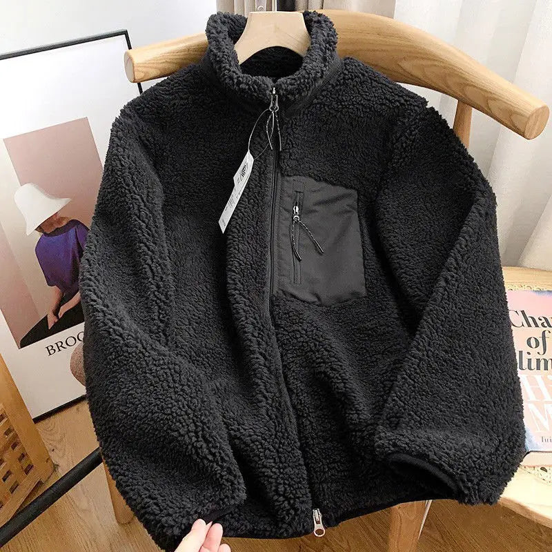 2026 Winter Chic Girl Lamb Fleece Women's Short Jacket Zipper Long Sleeved Pocket Warm Coat Fashion High Street Female Outerwear