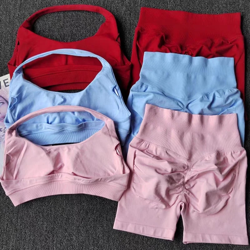 2 Pieces Yoga Suit for Women Seamless Fitness Gym Clothes Halter Sports Bra Matching Shorts Workout Sets Gym Set Outfit