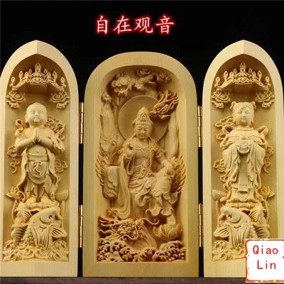 Solid Wood Carving Three Open Buddha Statue, Collapsible Sculpture, Living Room and Bedroom Decoration, Modern Art