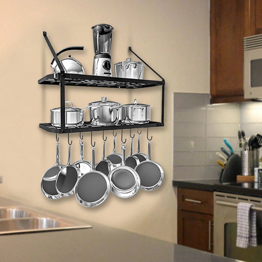 【Lifeideas】Rustproof Wall Mounted Pot Rack Pan Hanger for Kitchen Storage Organization Easy Setup 2Tier Pot Shelf