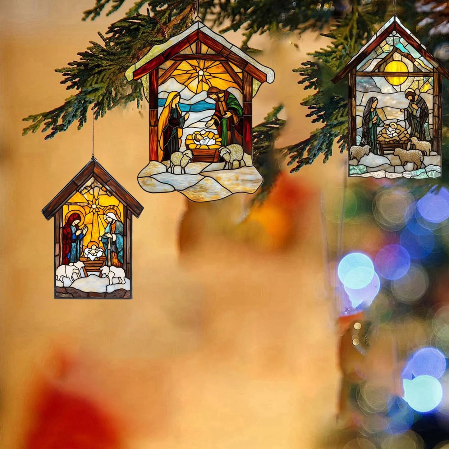 2D Handmade Sun Catcher Stained Acrylic Nativity Scene Suncatcher Window Hanging Ornament for Home Decor Christian for Family