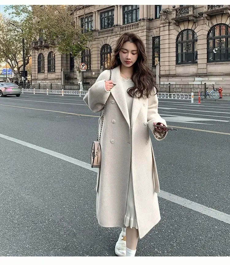 Blue Korean Style Woolen Coat Loose Women's Fashion Autumn Winter New Arrival Medium Length Belted Outerwear for Ladies | Women's Fashion