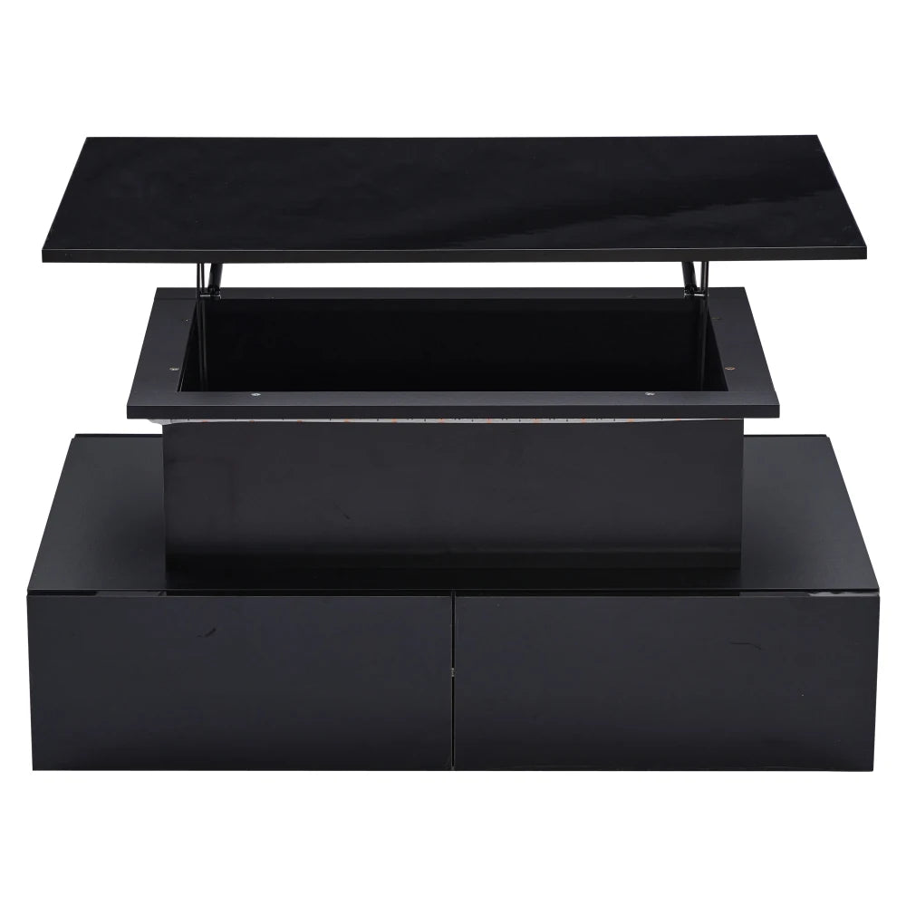 High‑Gloss Black Coffee Table 90×55×41cm, App‑Controlled RGB LED Light, Handle‑Less Click‑to‑Open Drawers, Silent‑Glide Extendable Top with Hidden Storage, Particle Board Multi‑Function Living Room Table Max L