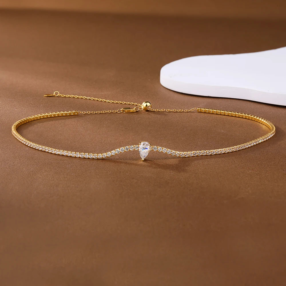 Certified Full Moissanite Riviera Tennis Necklace with Waterdrop Diamond Pendant for Women 925 Sterling Silver Adjustable Choker