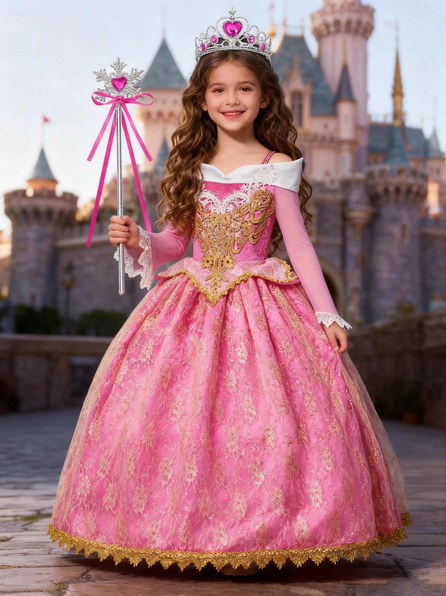 Girl Aurora Princess Dress Children Luxurious Cosplay Costume Rose Pink Briar Rose Outfit Kids Carnival Birthday Party Clothing