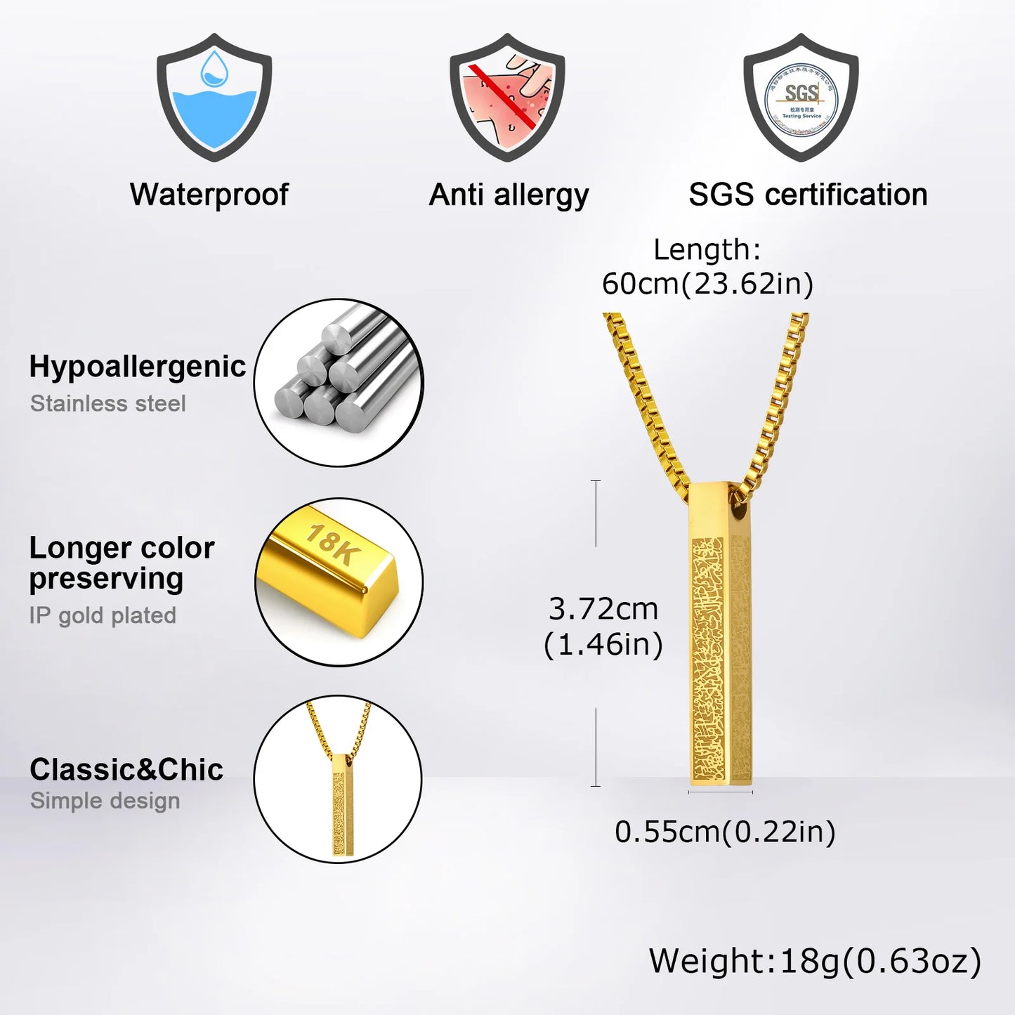 Allah Arabic Vertical Necklaces for Men Women,Muslim Pendant Ayatul Kursi Necklace,Islam Eid Ramadan Islamic Jewelry Gifts