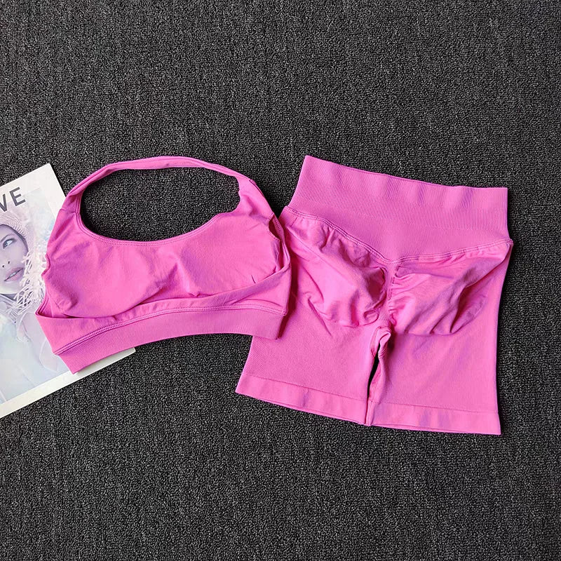 2 Pieces Yoga Suit for Women Seamless Fitness Gym Clothes Halter Sports Bra Matching Shorts Workout Sets Gym Set Outfit