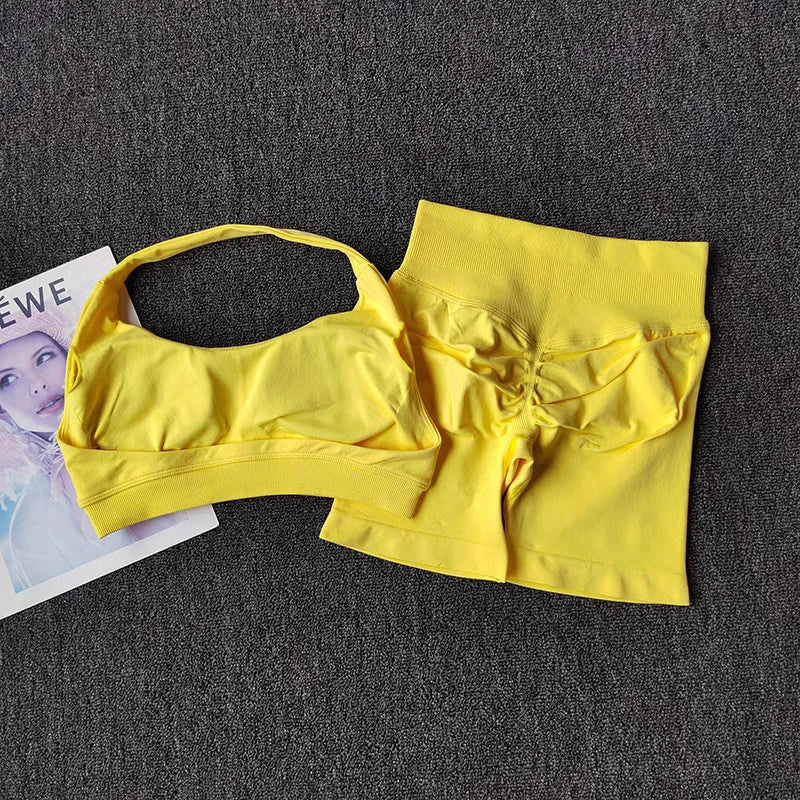 2 Pieces Yoga Suit for Women Seamless Fitness Gym Clothes Halter Sports Bra Matching Shorts Workout Sets Gym Set Outfit
