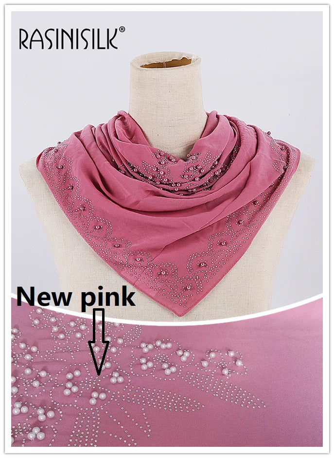 Muslim Square Scarf Women Fashion Rhinestone Hijab Arab Headwrap Turban Headband Pearl Chiffon Islamic Headscarf  Free Pin