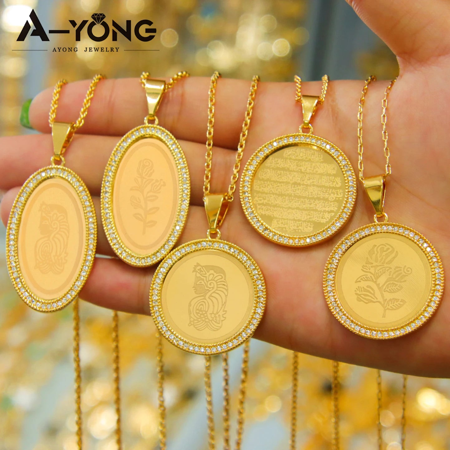 Arabic Islamic Simple Necklace Pendant 21k Gold Plated Dubai Wedding Vintage Coins Pendants Exotic Classic Ayatul Kursi Jewelry