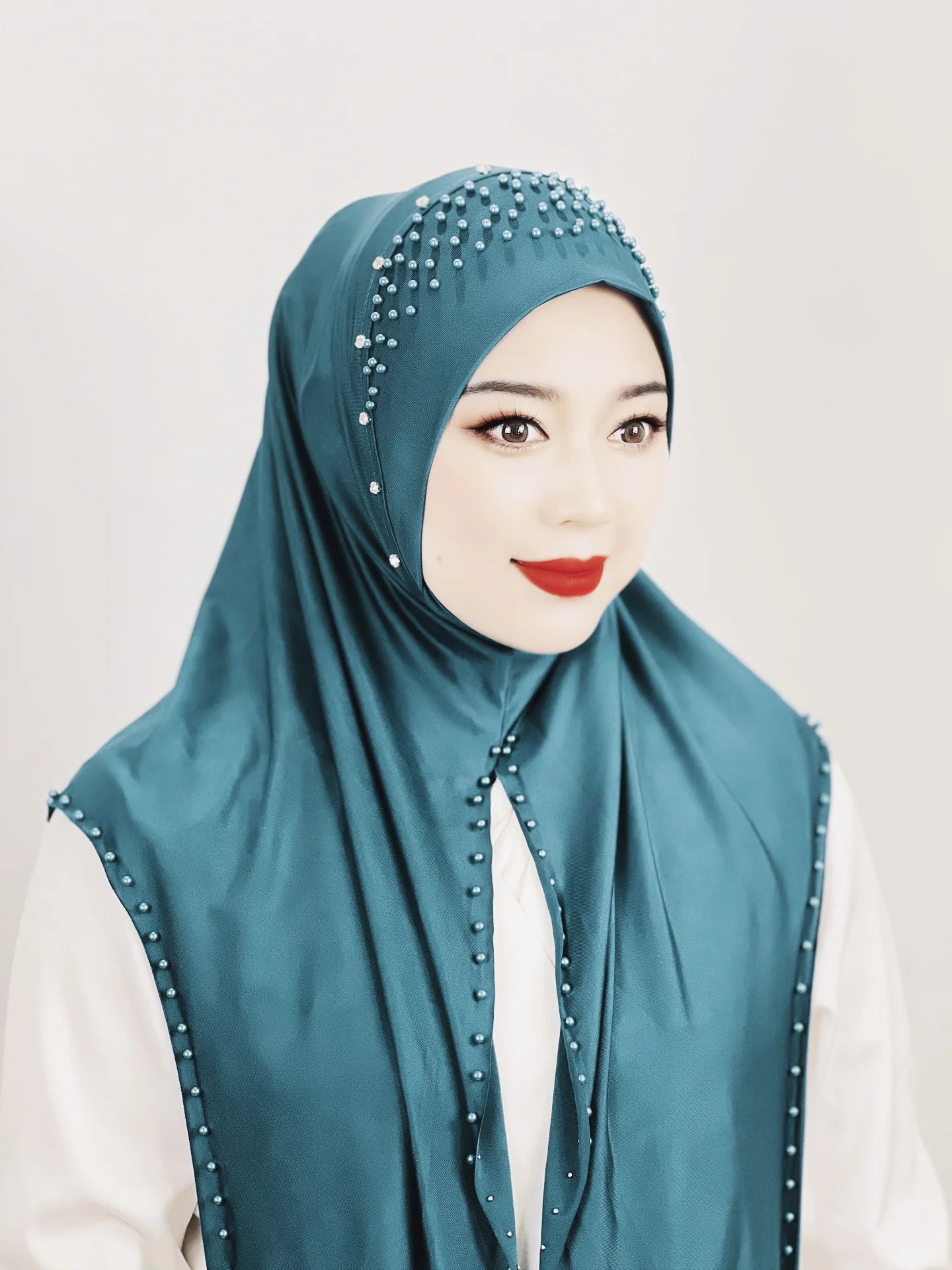 Convenient Instant Hijab Pullover Beaded Scarf Malay Shawl Women's Solid Color Headscarf (One Cap Gift)