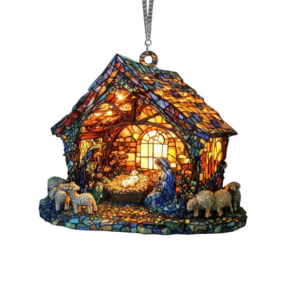 2D Handmade Sun Catcher Stained Acrylic Nativity Scene Suncatcher Window Hanging Ornament for Home Decor Christian for Family