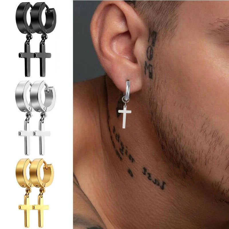1Pair Punk Stainless Steel Cross Pendant Hoop Earrings For Men Women Not Fade Ear Rings Hip Hop Male Jewelry