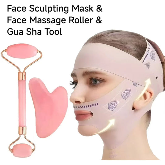 3-Piece Face Sculpting Mask&Face Massage Roller&Gua Sha Tool,Reusable AdjustableV-shaped Face Bandage,Portable Body Massage Tool