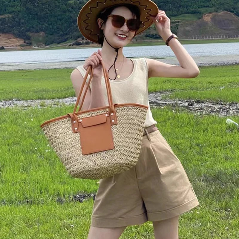 Fashion Handbags Handmade Rattan Basket Bag Designer Wicker Woven Women Summer Beach Straw Shoulder Crossbody Bags Tote Purse
