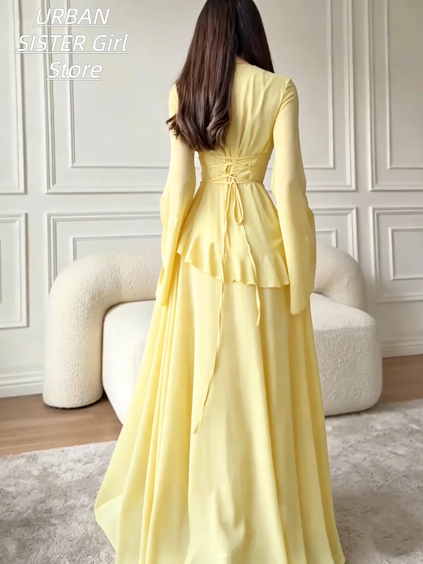 Cream-Colored Round-Neck, Flared Long-Sleeve, Ruffled Waist, Slim-Fit Chiffon Long Dress, Gentle and Modest Wedding Muslim Banquet Evening Gown