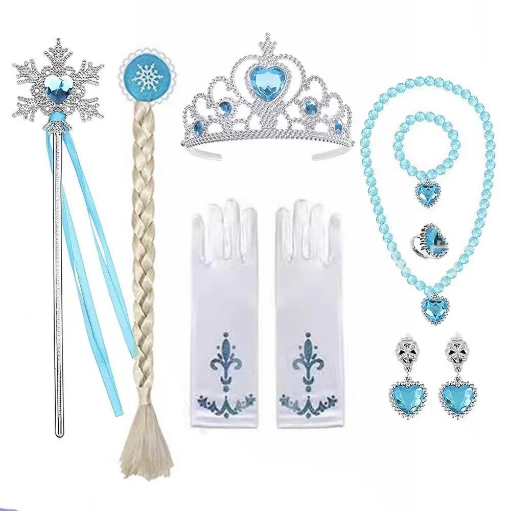 Disney Elsa Princess Dress For Girl White Printed Long-Sleeved Lace Dress Festive Party Gift Set Frozen Dress Fire Spirit Olaf