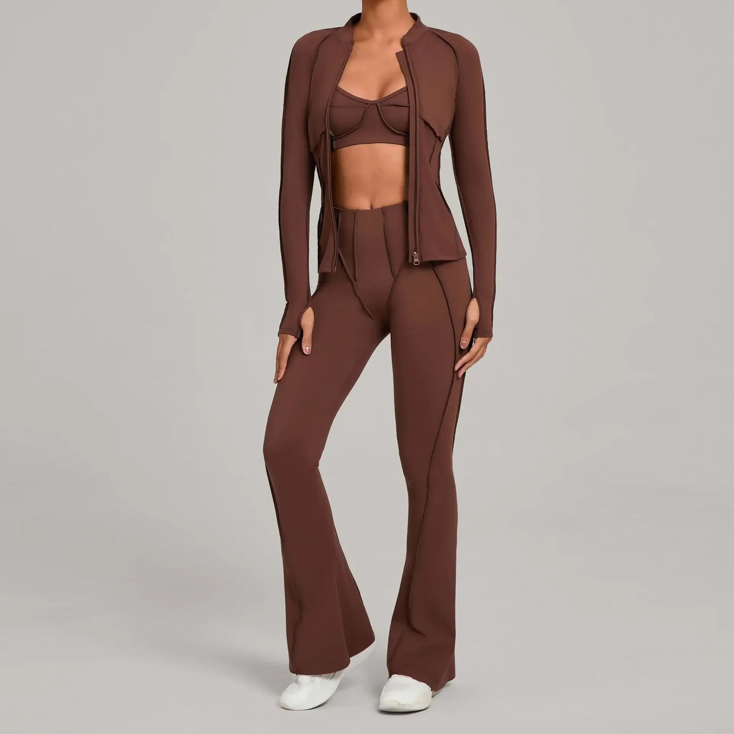 3PCS Women's Seamless Yoga Sets Sports Jackets Bra Flared-pants Suits Slim Fit Hip-Lifting Tracksuits Fitness Gym Workout Sets