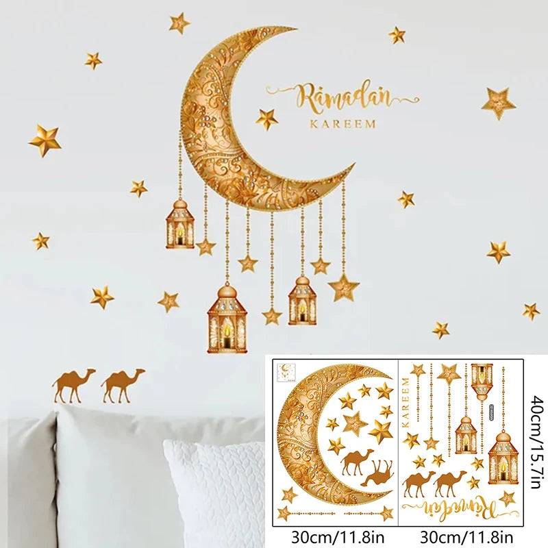 Eid Mubarak Wall Stickers Moon Star Lantern Ramadan Kareem Wall Decals Muslim Islamic Window Sticker Decorations for Home 2026