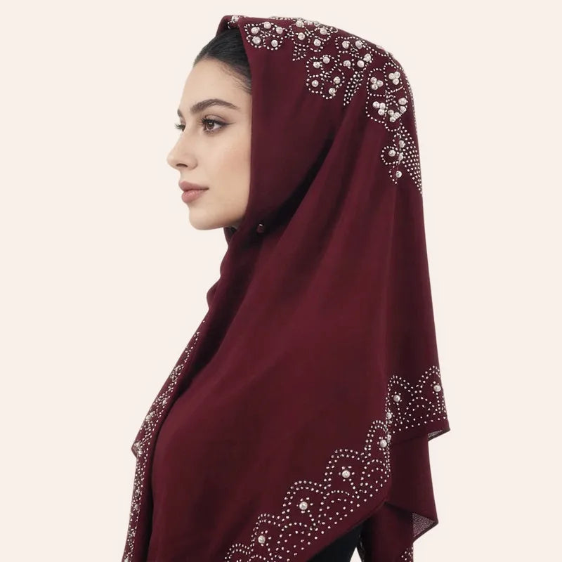 Muslim Square Scarf Women Fashion Rhinestone Hijab Arab Headwrap Turban Headband Pearl Chiffon Islamic Headscarf  Free Pin