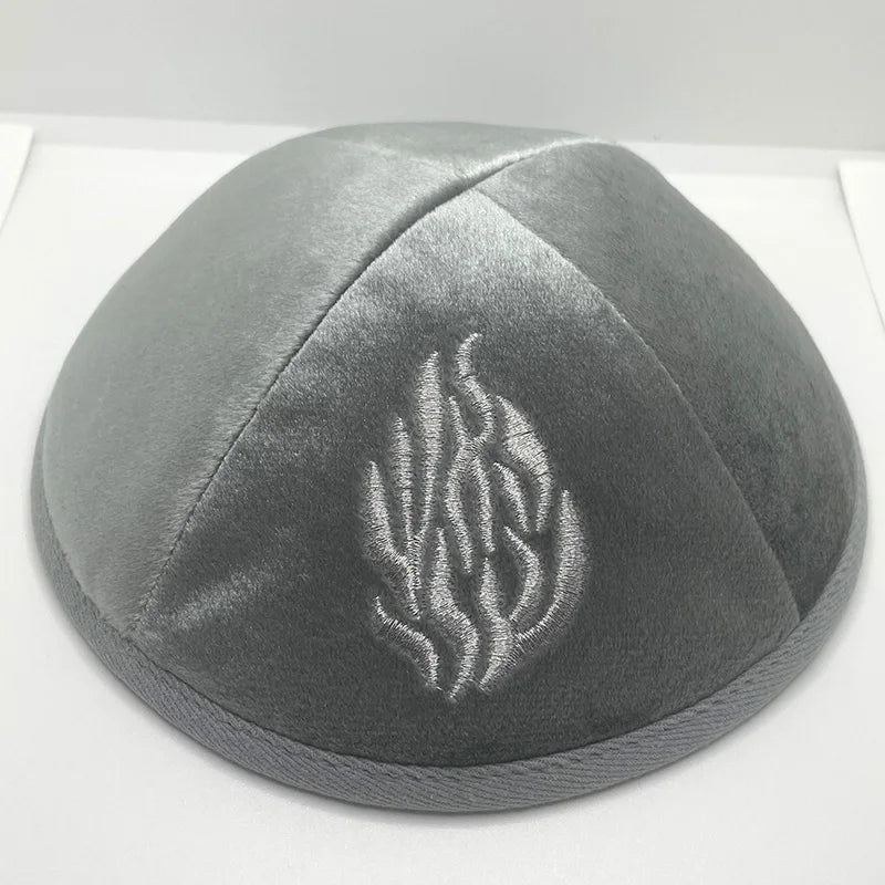 Judaical Velvet Kippah with Embroidery Of Fire for Men Yamaka Hat Kippot Royal Blue Grey 18cm