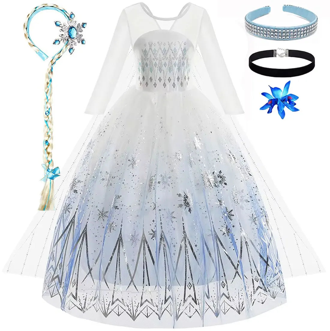 Disney Elsa Princess Dress For Girl White Printed Long-Sleeved Lace Dress Festive Party Gift Set Frozen Dress Fire Spirit Olaf