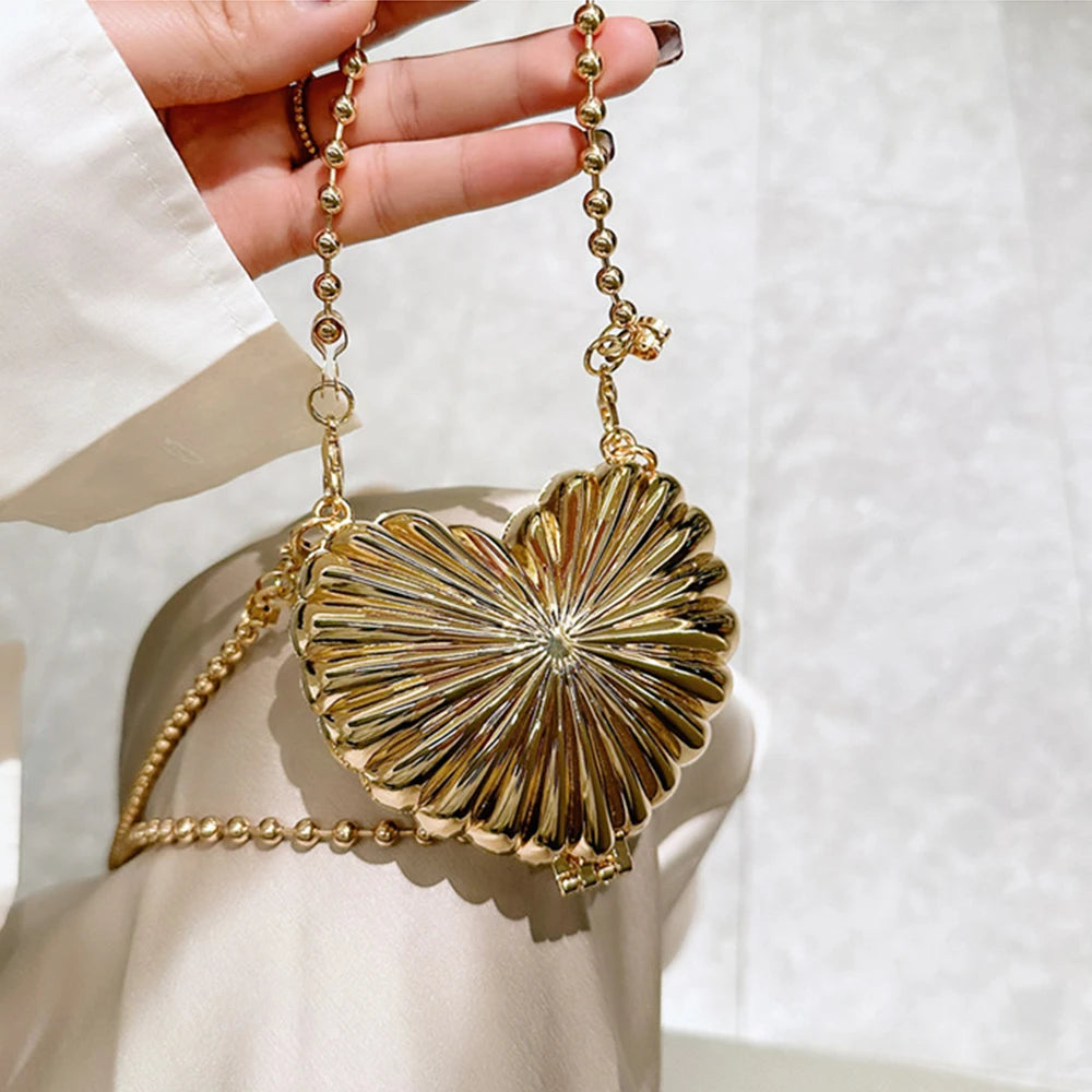 Golden Silver Evening Bag Handbag Luxury Designer Shoulder Crossbody Bags Party Wedding Clutch Mini Heart Pattern Shell Purse