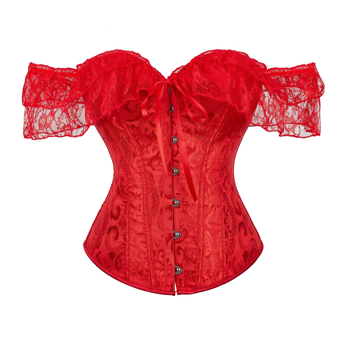 Lace Sleeves Off Shoulder Floral Overbust Corset Princess Elegant Corsets Victorian Women Sexy Bustier Showgirl Party Costume