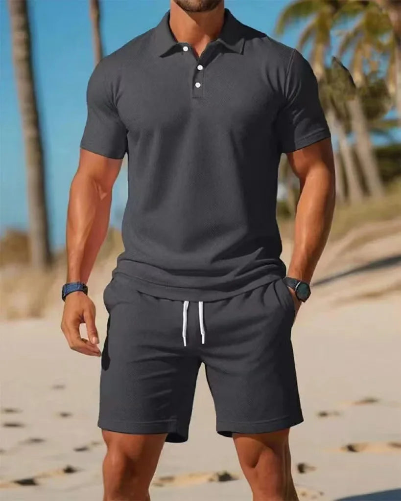 Summer Casual Versatile Fashion Short-Sleeved Button-Down Polo Shirt And Breathable Mesh Shorts Set for Men Plus Size