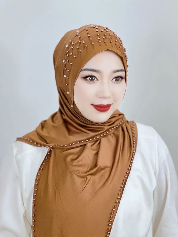 Convenient Instant Hijab Pullover Beaded Scarf Malay Shawl Women's Solid Color Headscarf (One Cap Gift)