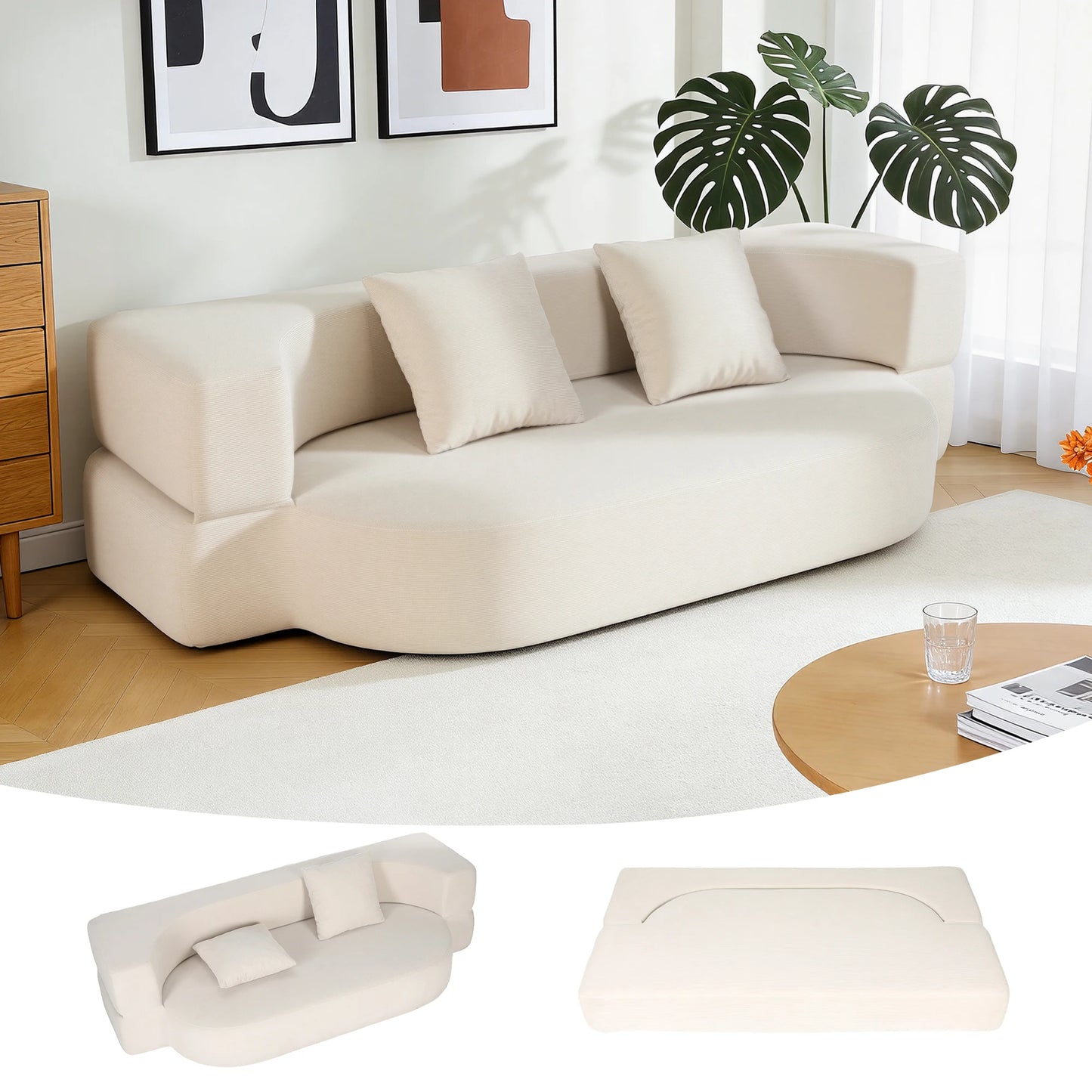 Folding Sofa Bed, Convertible Futon Sleeper Bed, 2-in-1 Foldable Floor Mattress, Breathable High-Density Foam Lazy Couch, Twin Size Comfy Lounge Chair with 2 Pillows