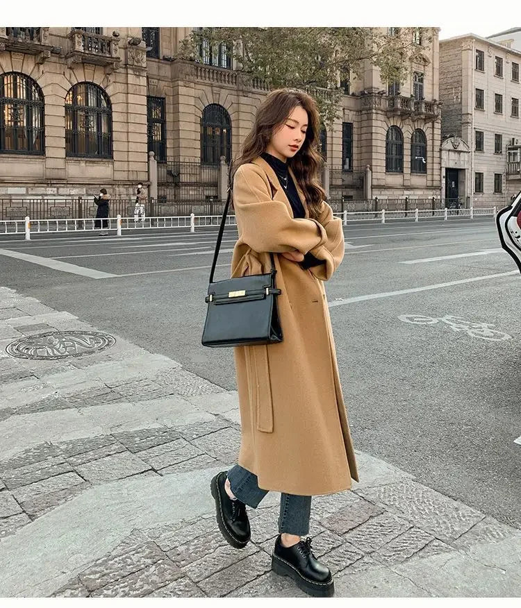 Blue Korean Style Woolen Coat Loose Women's Fashion Autumn Winter New Arrival Medium Length Belted Outerwear for Ladies | Women's Fashion