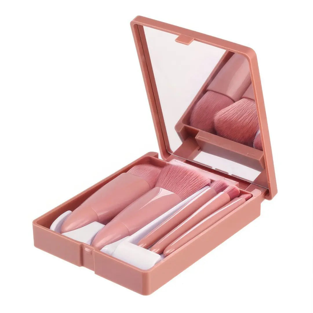 Mini Makeup Brush Set with Mirror, 5Pcs Soft Bristle Cosmetic Brushes, Portable Pink Beauty Tool for Blush Eyeshadow Foundation