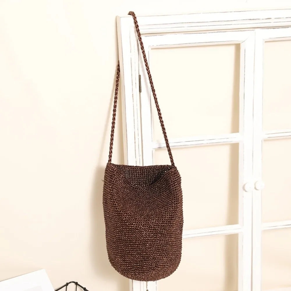 New Large Capacity Handwoven Bucket Bag Solid Color Boho Metal Line Bucket Bag Straw Design Handmade Crossbody Bag Gifts