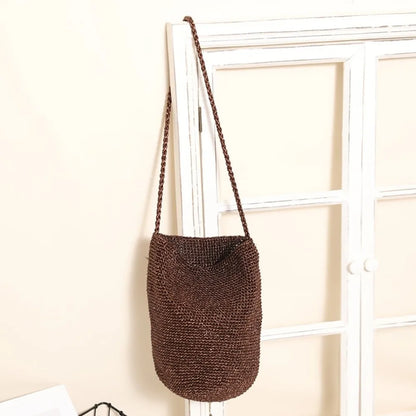 New Large Capacity Handwoven Bucket Bag Solid Color Boho Metal Line Bucket Bag Straw Design Handmade Crossbody Bag Gifts