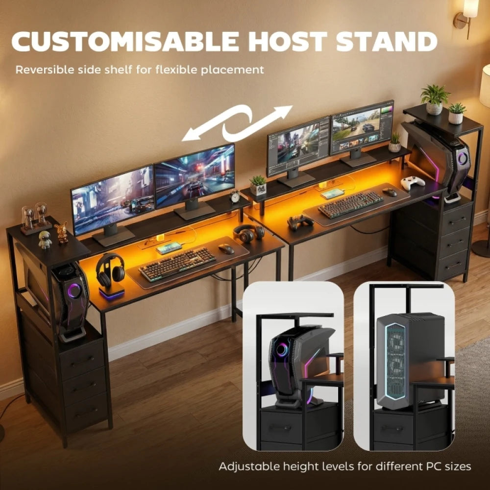 147cm Gaming Desk with Left/Right Adjustable PC Host Stand RGB LED Monitor Riser for Dual 27" Monitors Built-in Power Hub USB-C 3 Fabric Drawers Steel Frame Max 80kg Load Computer Table