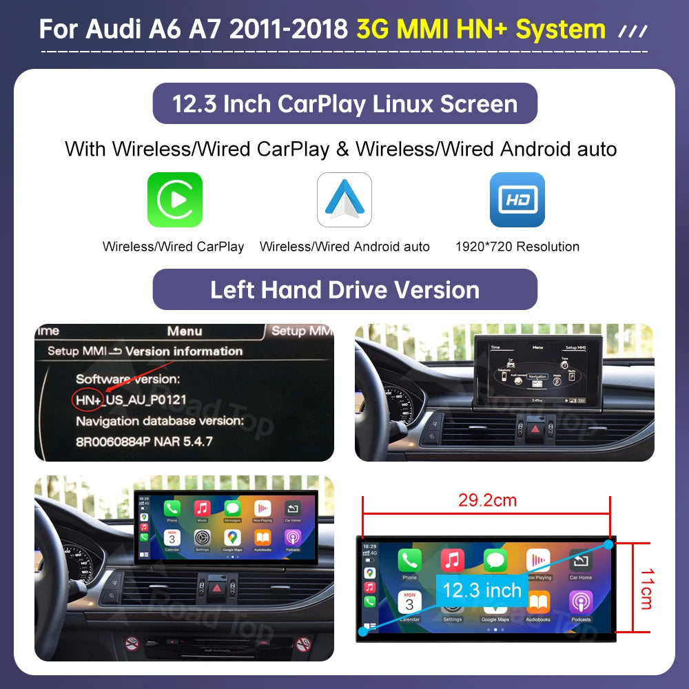 Road Top 12.3" Linux Screen For Audi A6 C6 A7 C7 2011-2018 with Wireless CarPlay Android Auto Airplay Car Radio Player