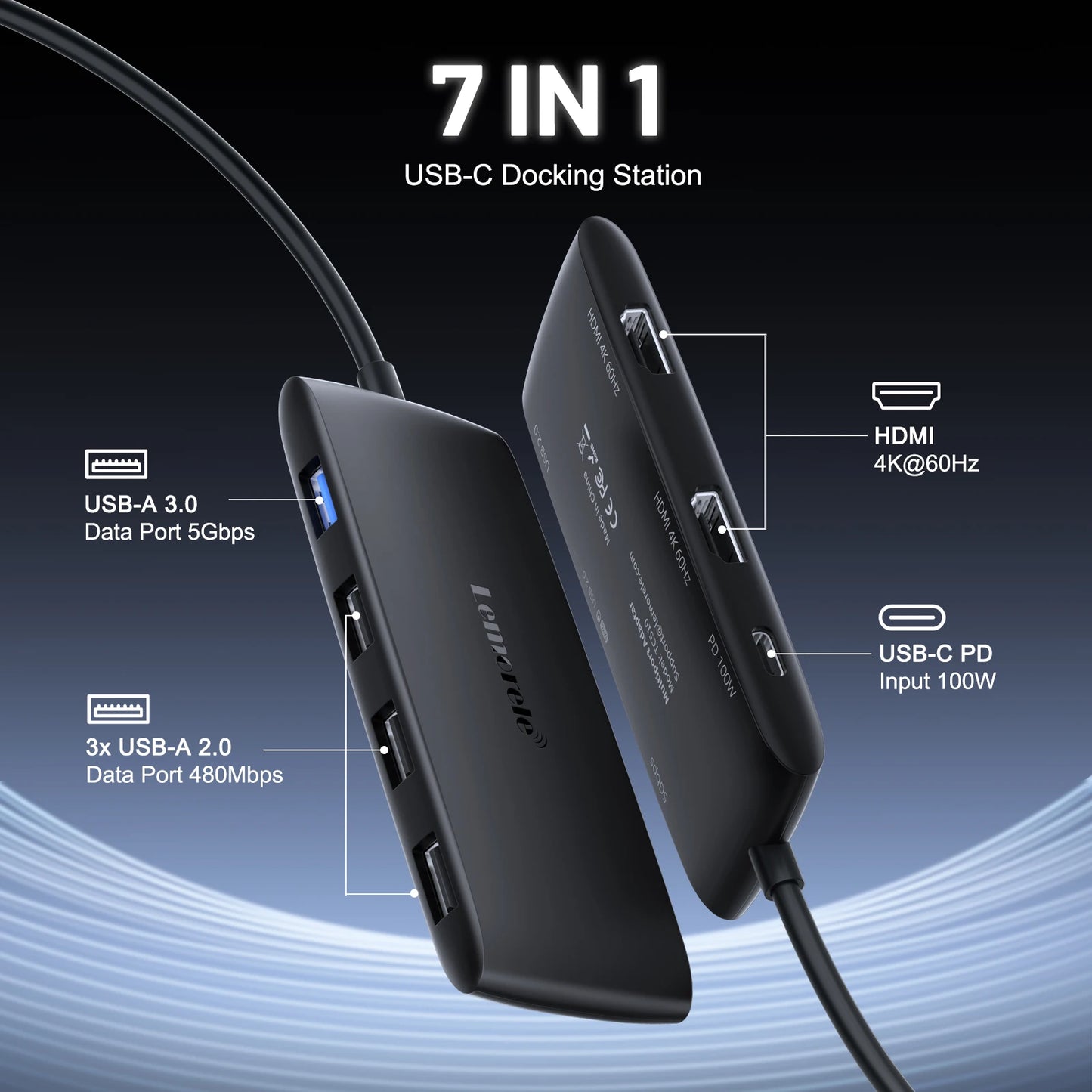 Lemorele 4K USB-C Hub 7 Ports Docking Station USB Hub Adapter USB C to Dual HDMI 4K@60Hz for Windows MacBook Air Laptop