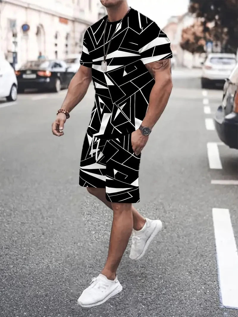 2025 Summer Men's Clothing Letter Print Short Sleeve Top Men's Elastic Waist Shorts 2-piece Set Plus Size T Shirts Shorts Set