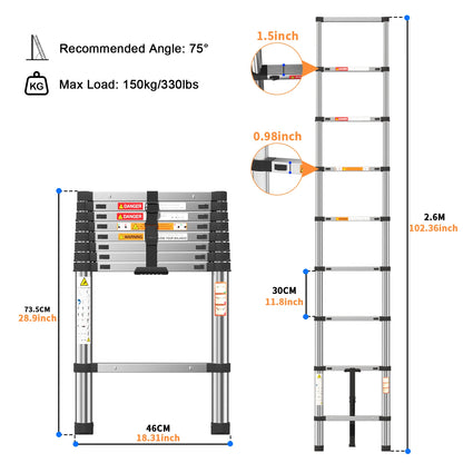 Telescopic Ladder Stainless Steel,load 150kg, Convenient Extendable ,For Pulling Walls, Changing Light Bulbs,Repairing Roofs,RV